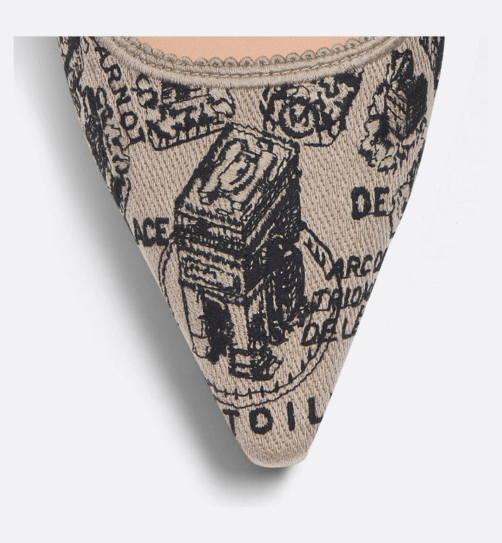 J'Adior Slingback Pump • Beige and Black Cotton Embroidered with Plan de Paris Motif