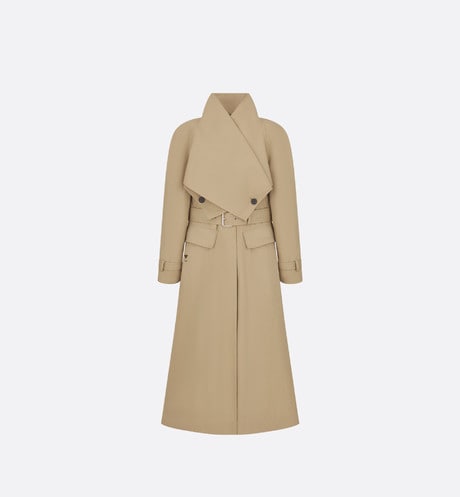 Belted Trench Coat with Criss Cross Collar • Beige Cotton Gabardine