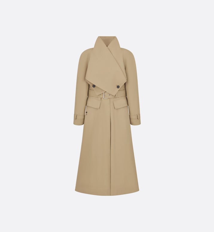 Belted Trench Coat with Criss Cross Collar • Beige Cotton Gabardine