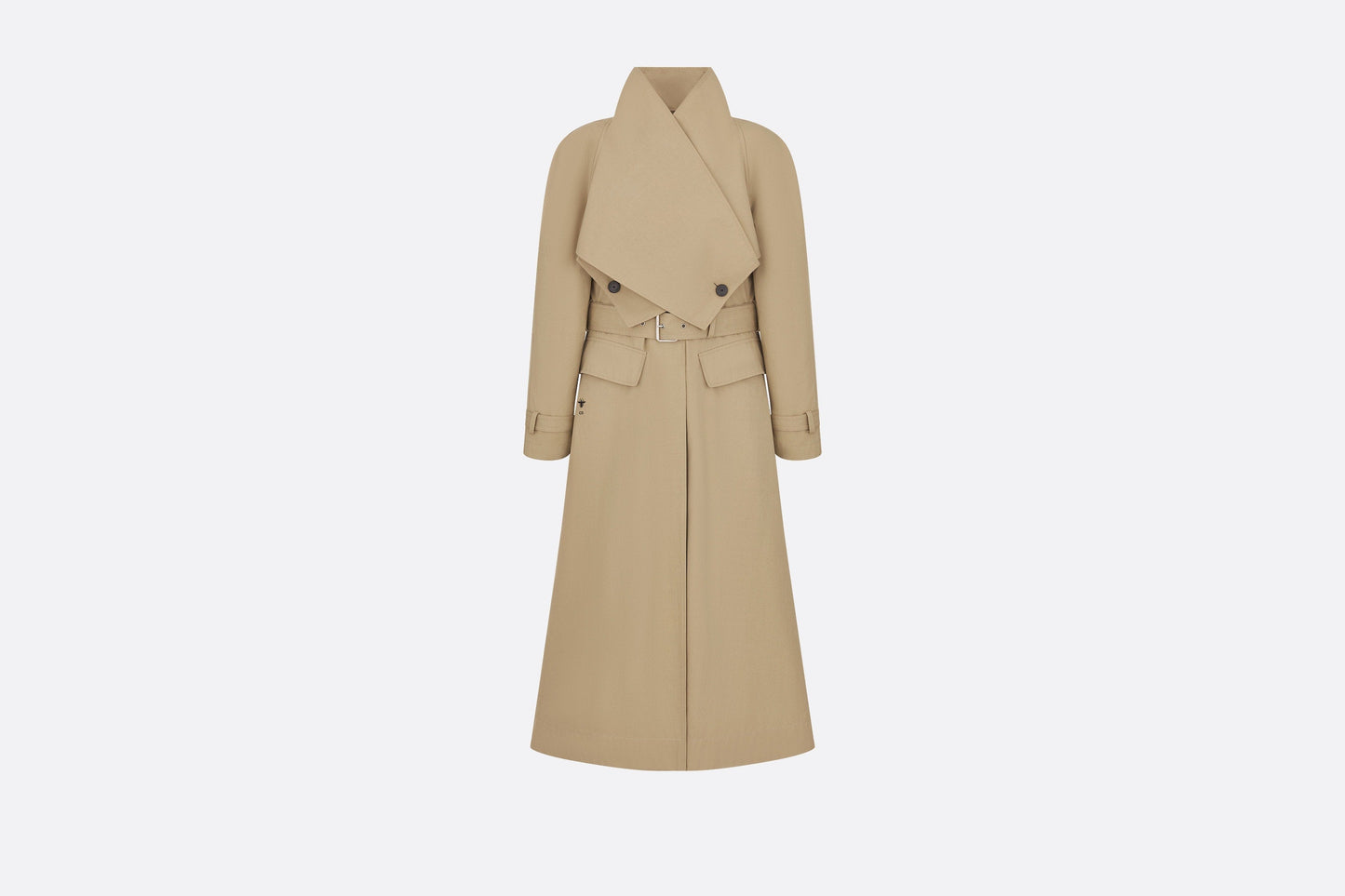 Belted Trench Coat with Criss Cross Collar • Beige Cotton Gabardine