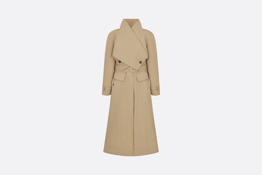 Belted Trench Coat with Criss Cross Collar • Beige Cotton Gabardine