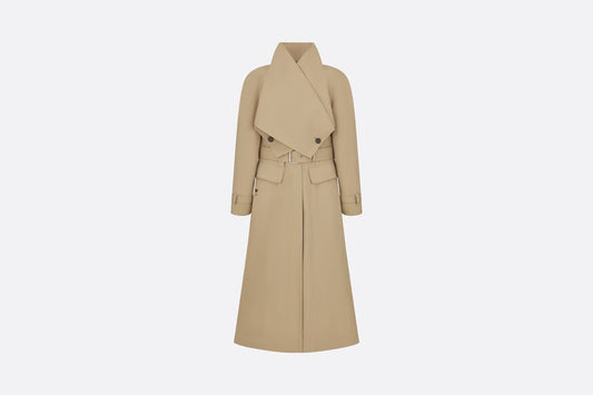 Belted Trench Coat with Criss Cross Collar • Beige Cotton Gabardine