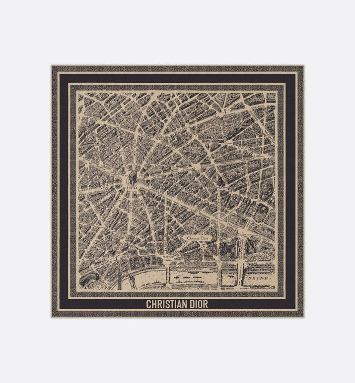 Plan de Paris 90 Square Scarf • Beige and Black Silk Twill