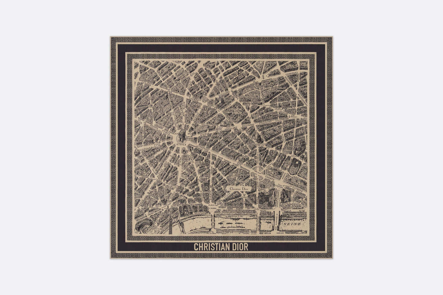 Plan de Paris 90 Square Scarf • Beige and Black Silk Twill