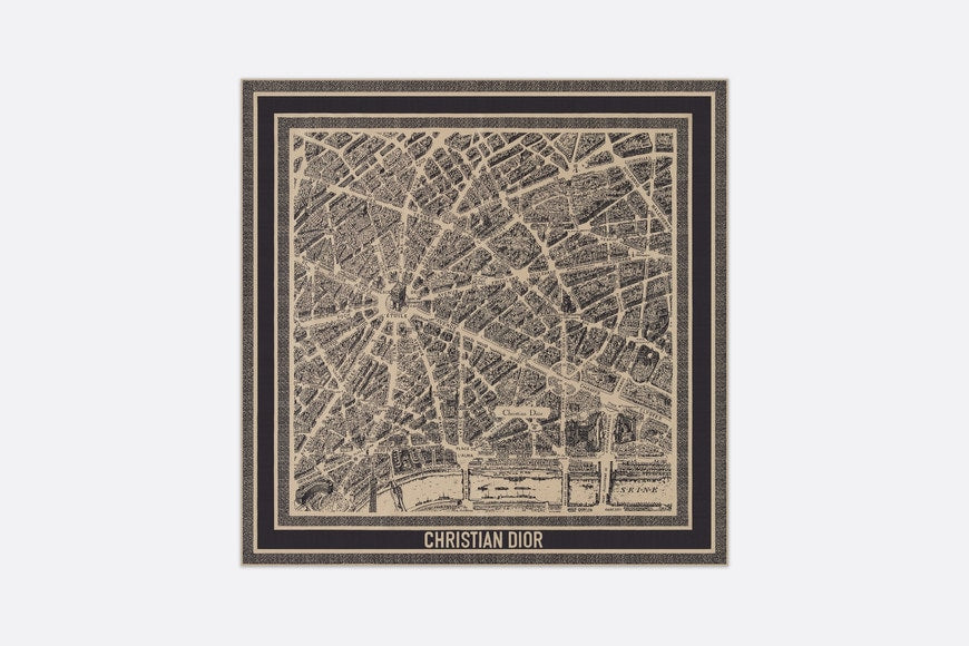 Plan de Paris 90 Square Scarf • Beige and Black Silk Twill