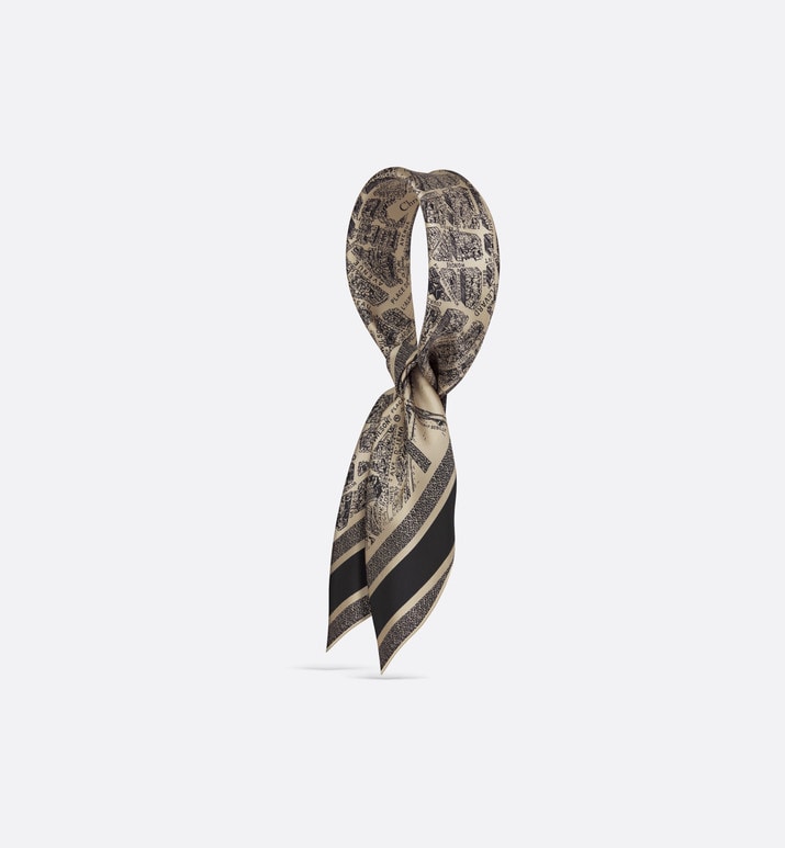 Plan de Paris 90 Square Scarf • Beige and Black Silk Twill