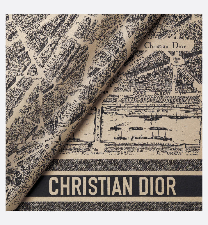 Plan de Paris 90 Square Scarf • Beige and Black Silk Twill