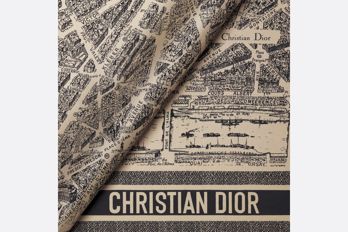 Plan de Paris 90 Square Scarf • Beige and Black Silk Twill