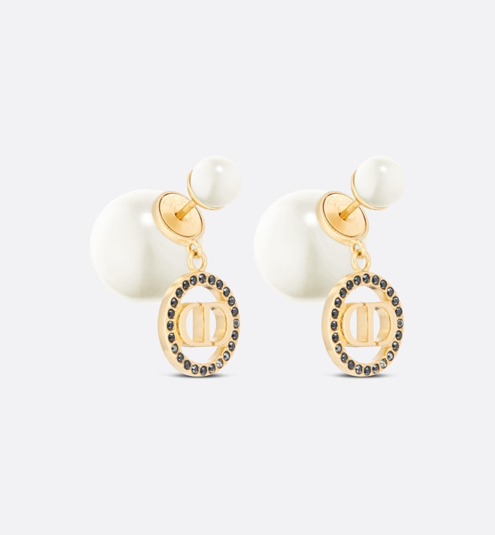 Dior Tribales Earrings • Gold-Finish Metal with White Resin Pearls and Hematite-Colored Crystals