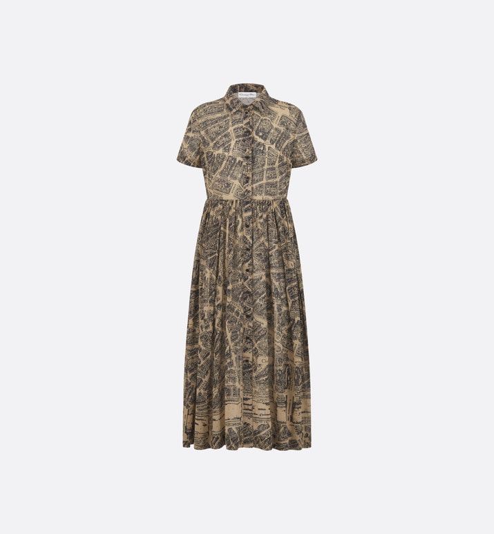 Mid-Length Shirt Dress • Beige and Black Cotton Voile with Plan de Paris Motif