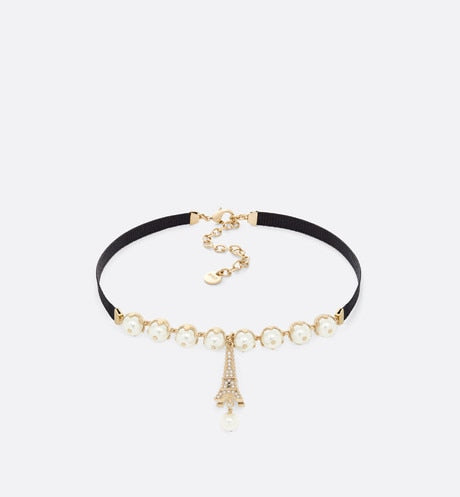Plan de Paris Choker • Gold-Finish Metal with Black Grosgrain and White Resin Pearls