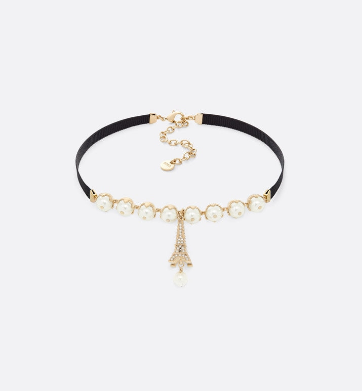 Plan de Paris Choker • Gold-Finish Metal with Black Grosgrain and White Resin Pearls
