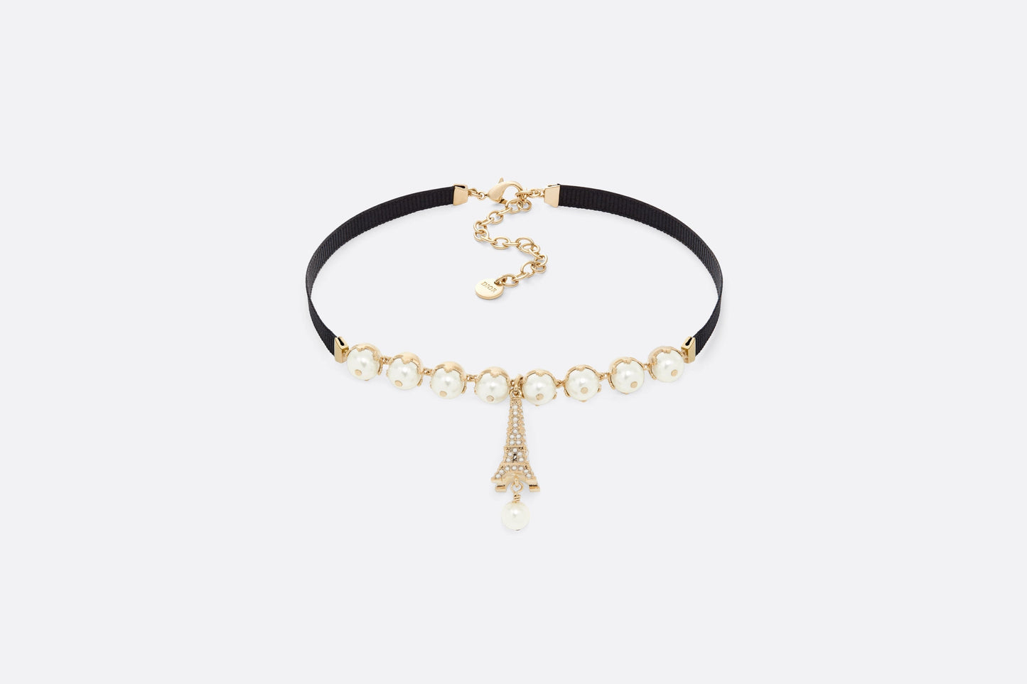 Plan de Paris Choker • Gold-Finish Metal with Black Grosgrain and White Resin Pearls