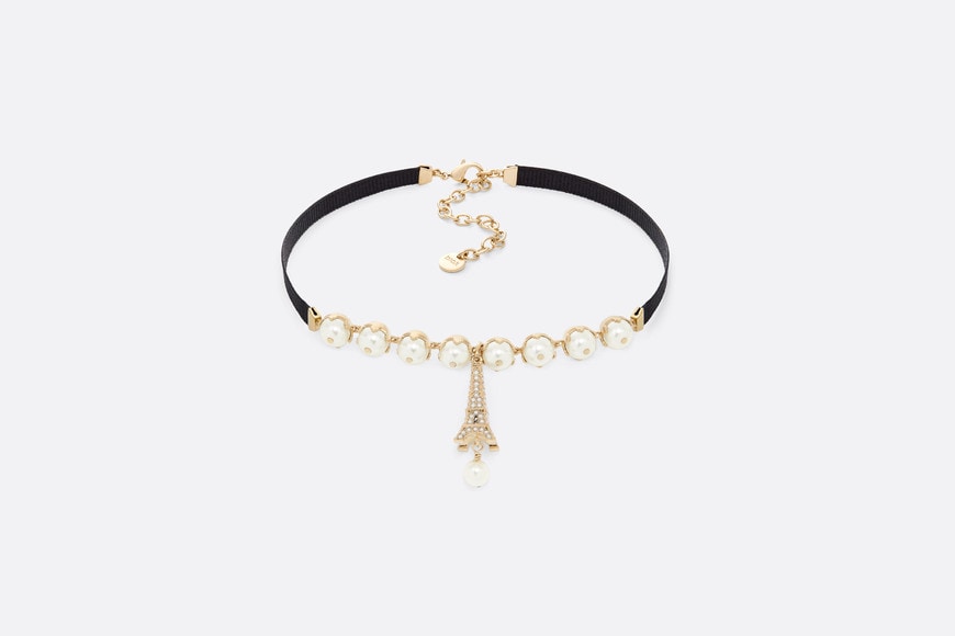 Plan de Paris Choker • Gold-Finish Metal with Black Grosgrain and White Resin Pearls