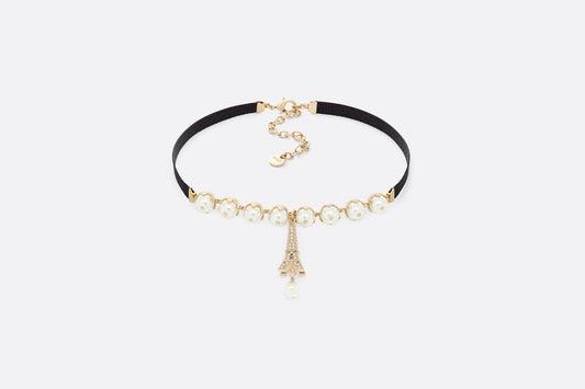 Plan de Paris Choker • Gold-Finish Metal with Black Grosgrain and White Resin Pearls