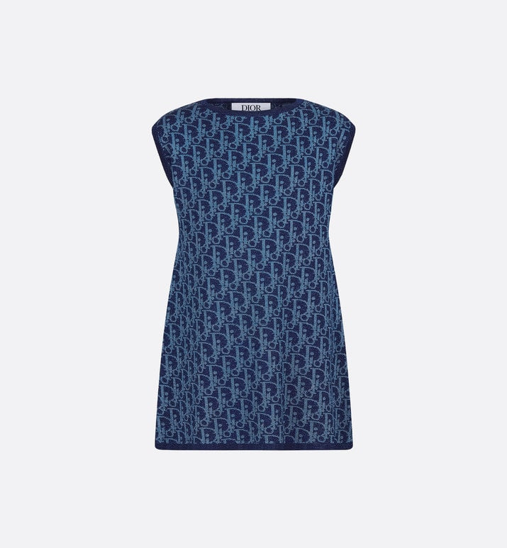Kid's A-Line Dress • Light Blue and Blue Dior Oblique Jacquard Knit Blend with Metallic Thread