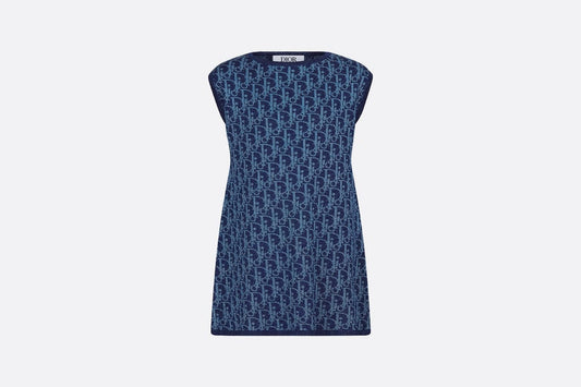 Kid's A-Line Dress • Light Blue and Blue Dior Oblique Jacquard Knit Blend with Metallic Thread