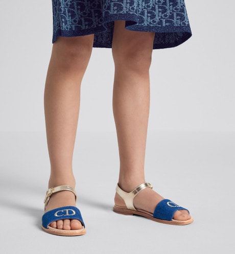 Kid's Sandal • Pale Gold-Tone Smooth Calfskin and Blue Cotton Denim