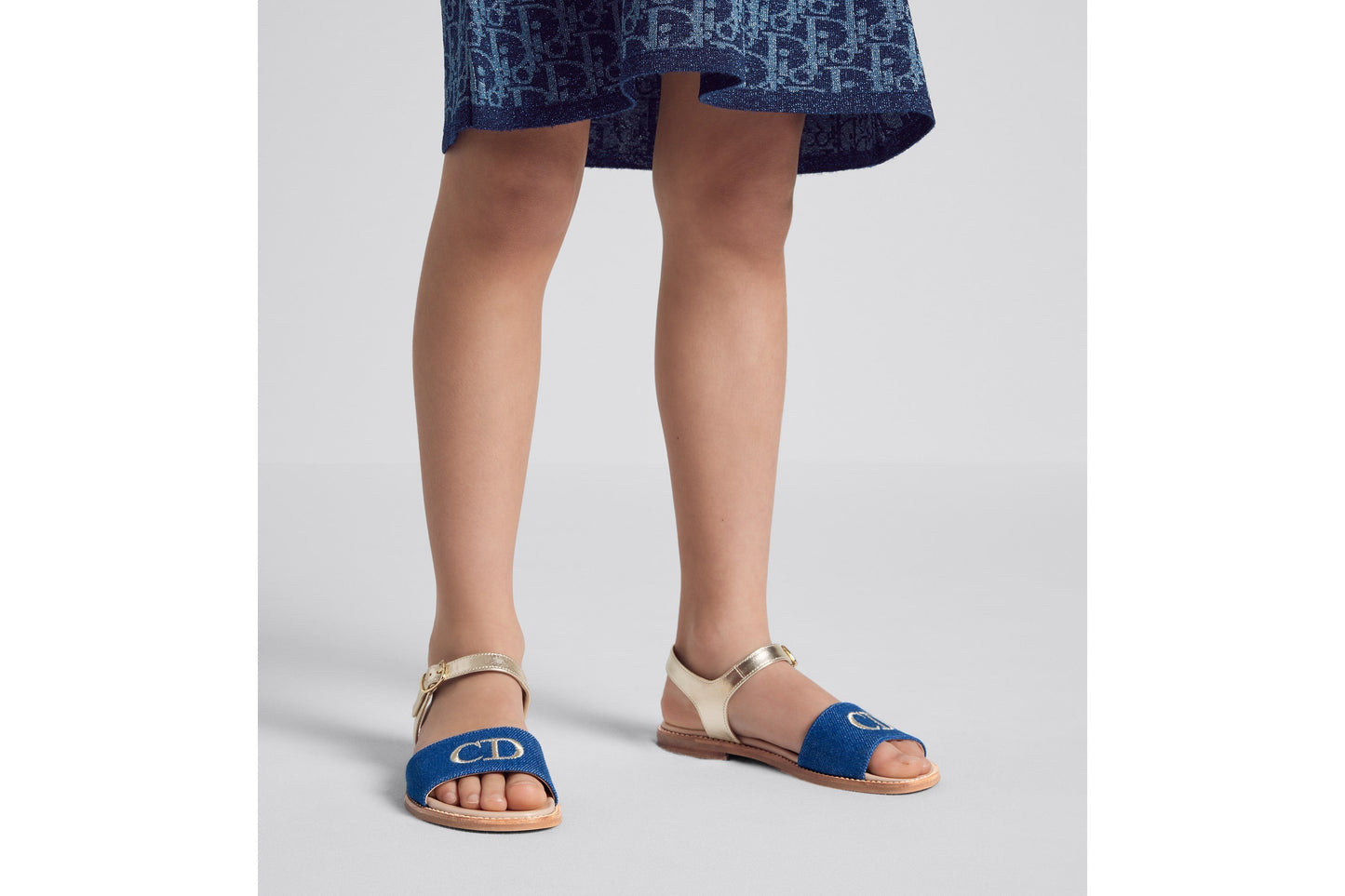 Kid's Sandal • Pale Gold-Tone Smooth Calfskin and Blue Cotton Denim