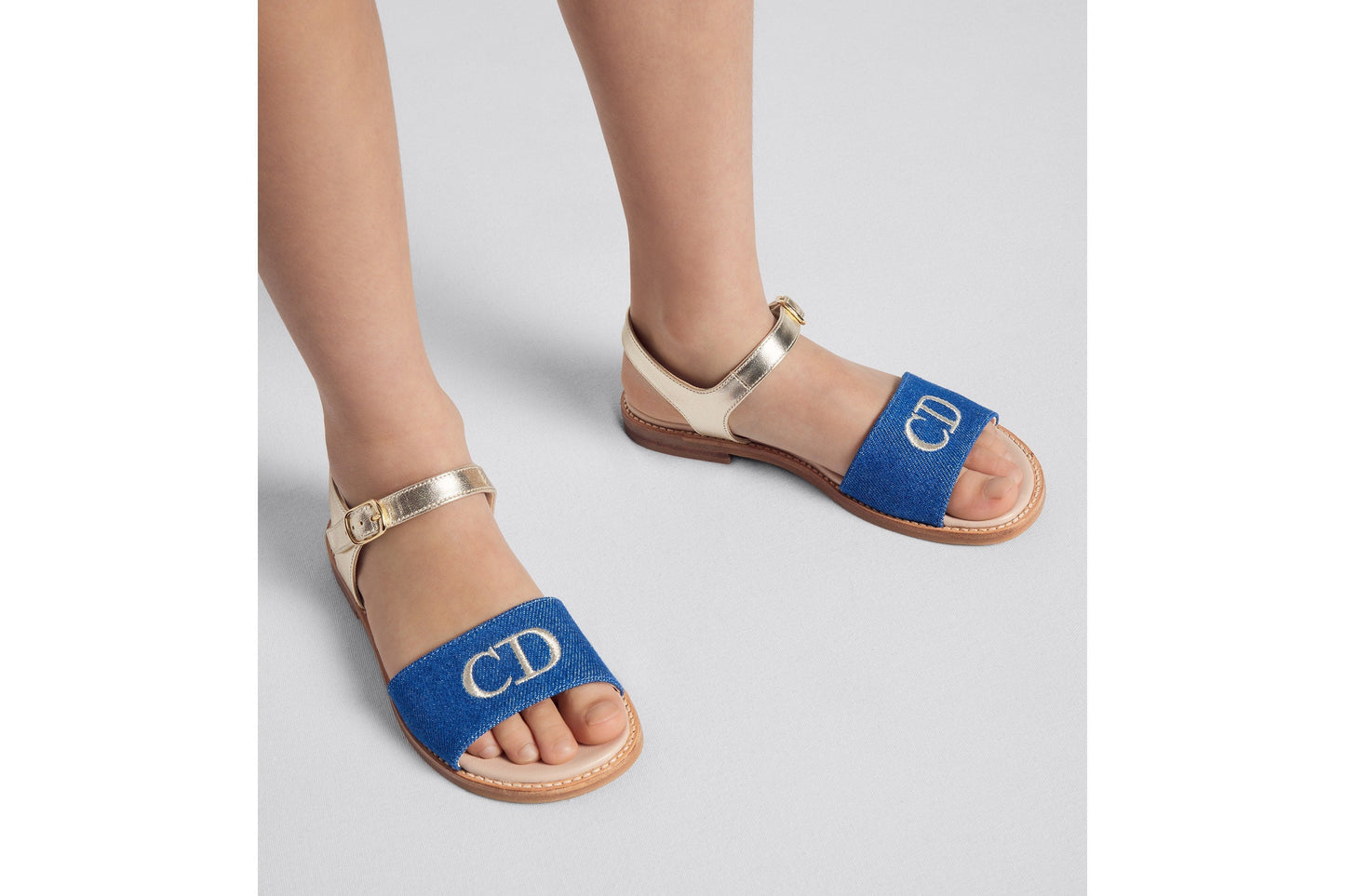 Kid's Sandal • Pale Gold-Tone Smooth Calfskin and Blue Cotton Denim