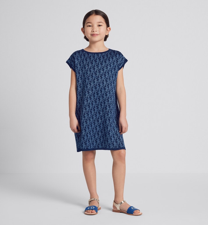 Kid's A-Line Dress • Light Blue and Blue Dior Oblique Jacquard Knit Blend with Metallic Thread