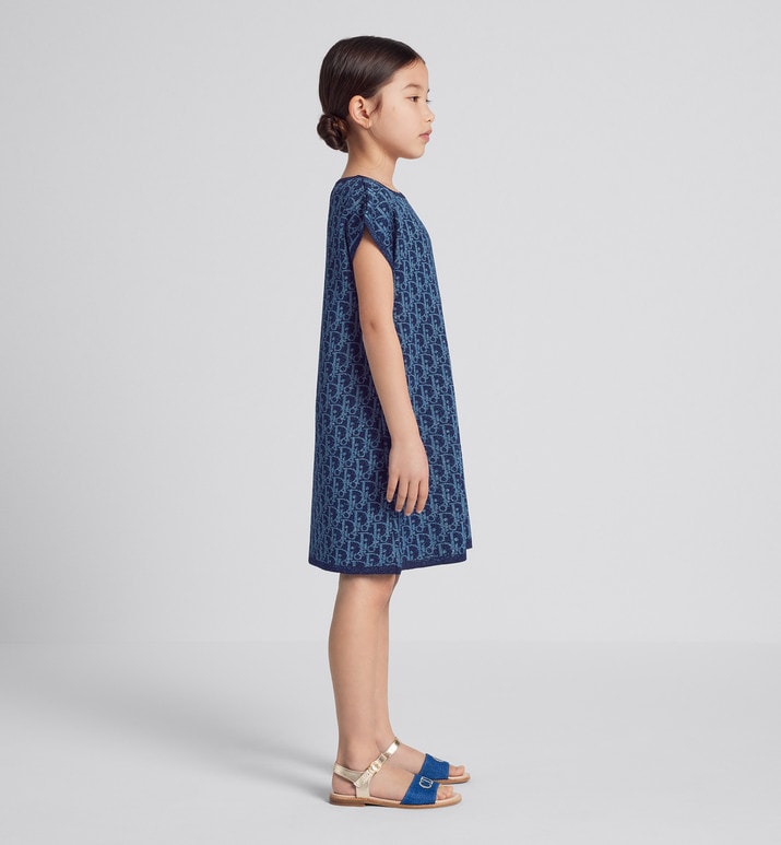 Kid's A-Line Dress • Light Blue and Blue Dior Oblique Jacquard Knit Blend with Metallic Thread