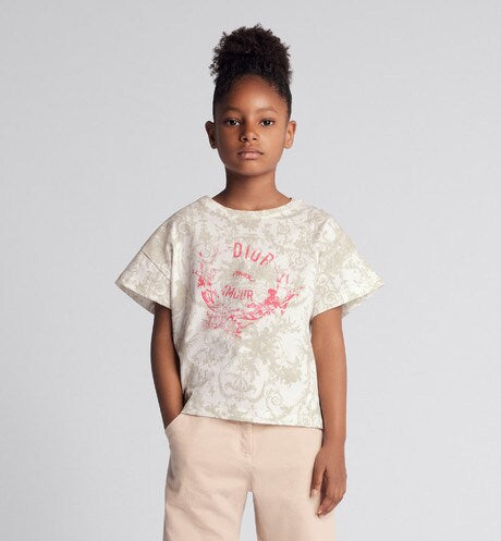 Kid's T-Shirt • Beige Cotton Jersey with White Toile de Jouy Print