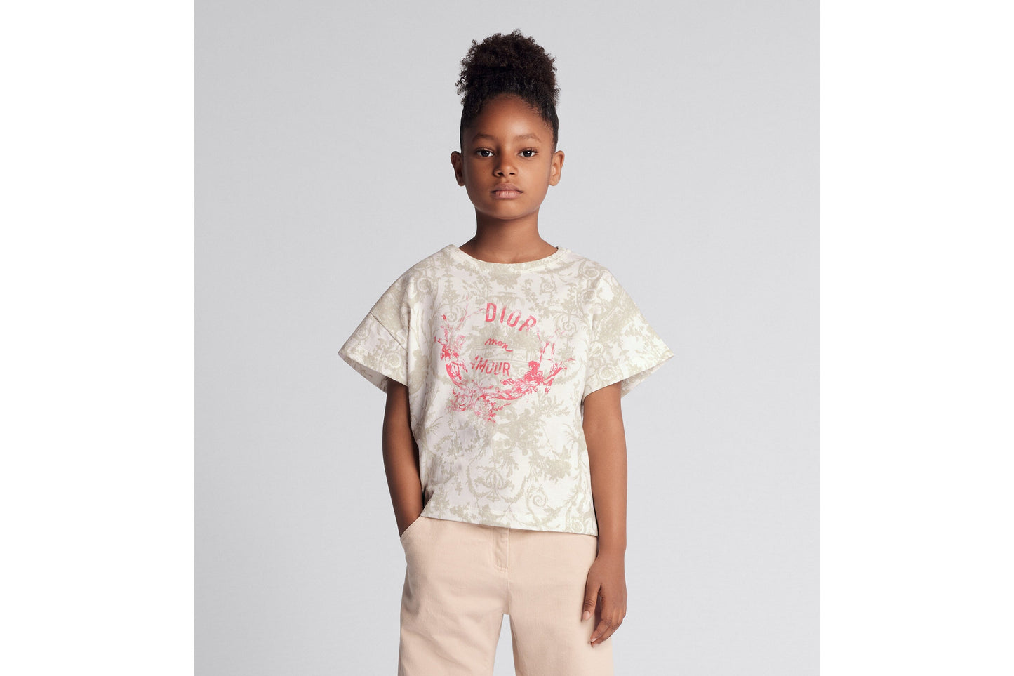 Kid's T-Shirt • Beige Cotton Jersey with White Toile de Jouy Print