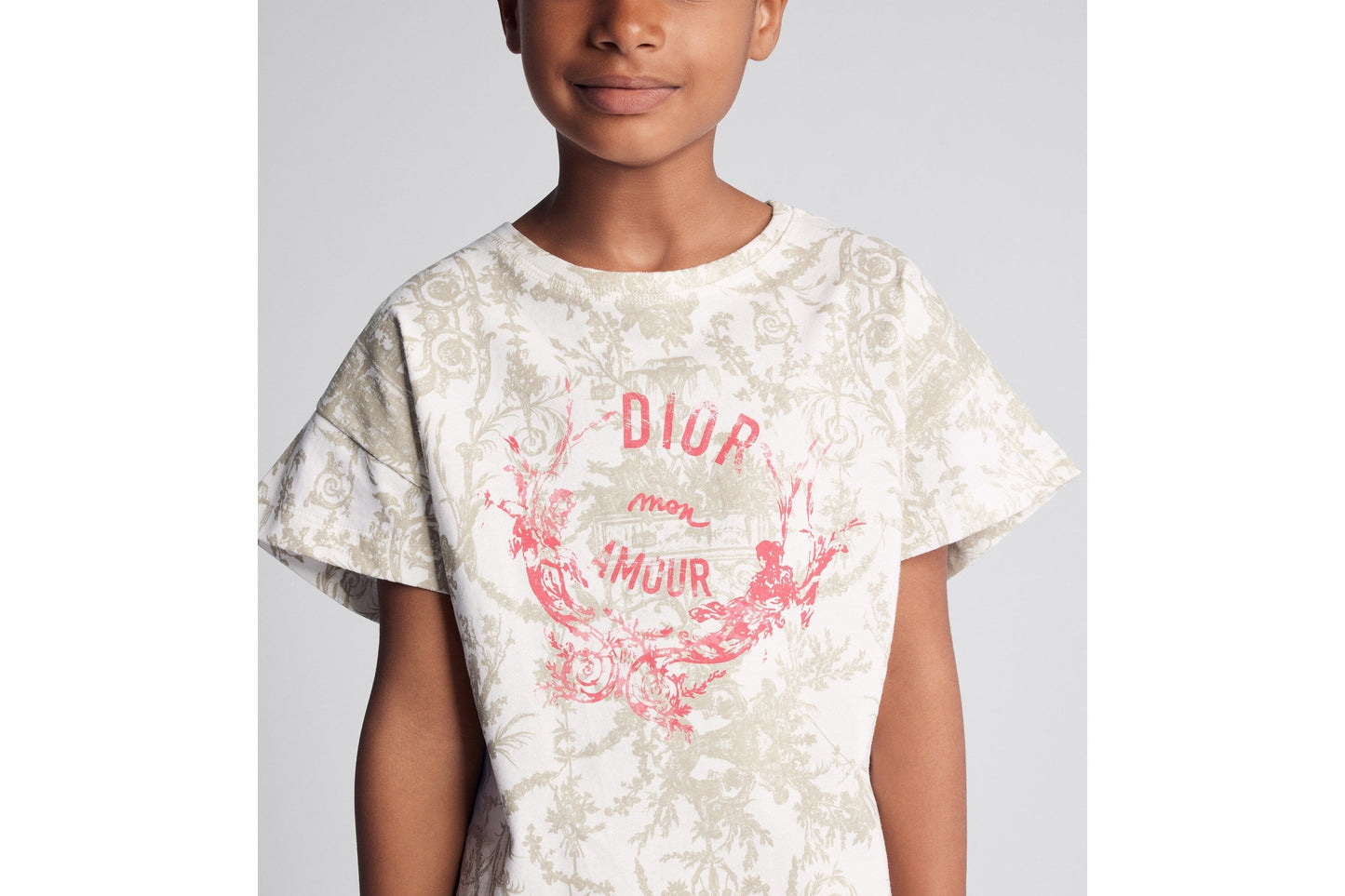 Kid's T-Shirt • Beige Cotton Jersey with White Toile de Jouy Print