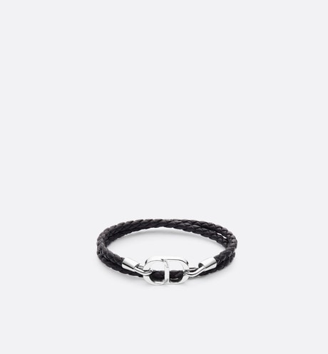 CD Icon Braided Leather Bracelet • Black Calfskin and Silver-Finish Brass