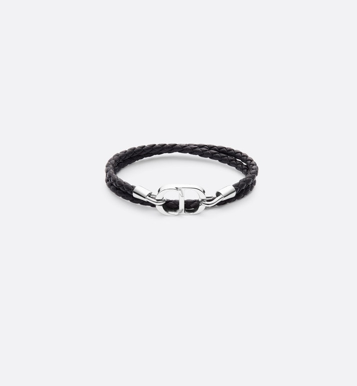 CD Icon Braided Leather Bracelet • Black Calfskin and Silver-Finish Brass