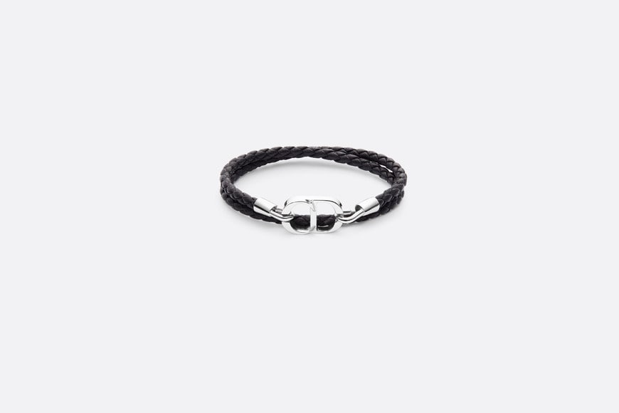 CD Icon Braided Leather Bracelet • Black Calfskin and Silver-Finish Brass