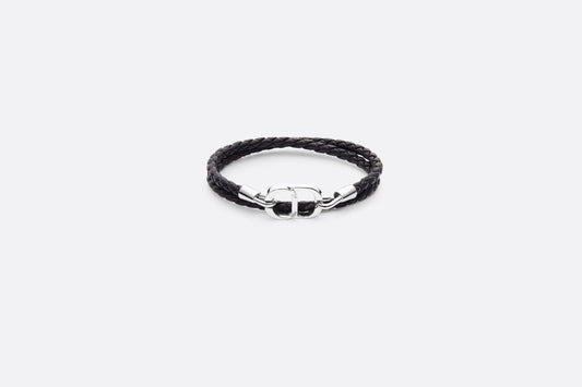CD Icon Braided Leather Bracelet • Black Calfskin and Silver-Finish Brass
