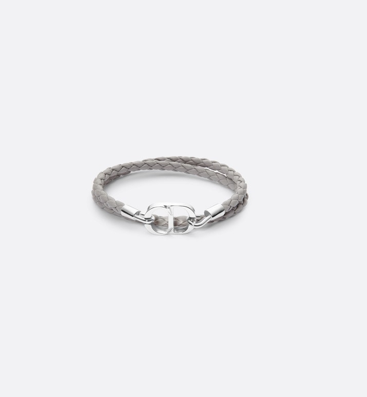 CD Icon Braided Leather Bracelet • Gray Calfskin and Silver-Finish Brass