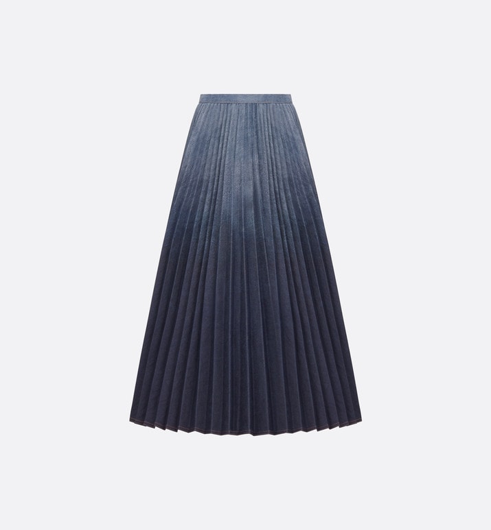 Pleated Mid-Length Skirt • Gradient Blue Cotton Denim
