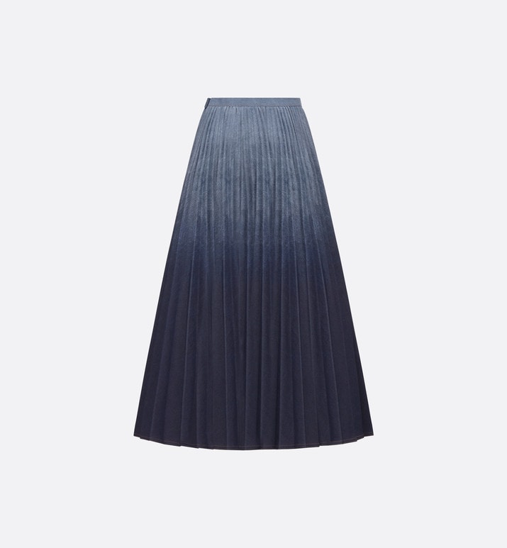 Pleated Mid-Length Skirt • Gradient Blue Cotton Denim