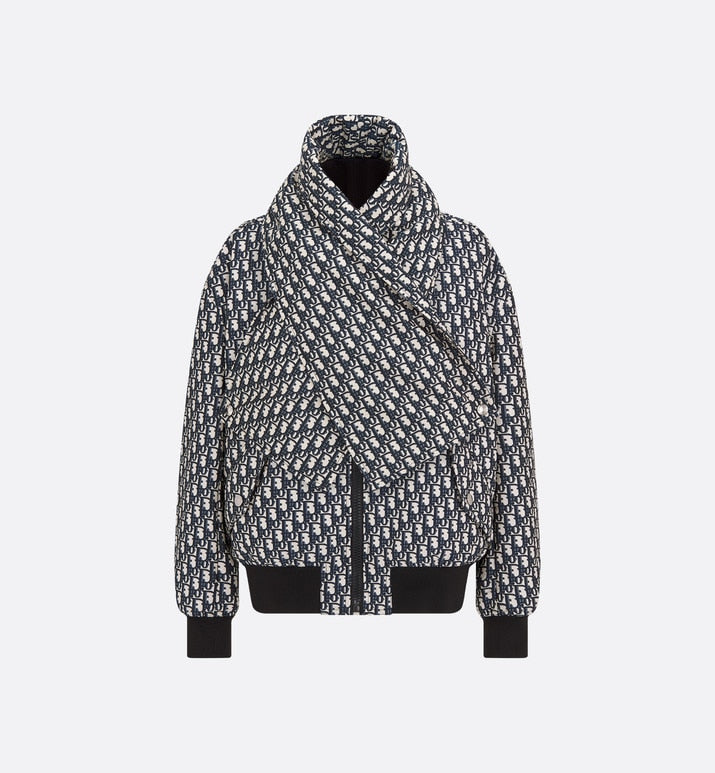 Bomber Jacket with Criss Cross Collar • Blue and Ecru Technical Taffeta Jacquard with Dior Oblique Motif