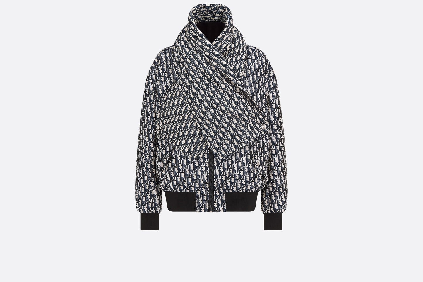 Bomber Jacket with Criss Cross Collar • Blue and Ecru Technical Taffeta Jacquard with Dior Oblique Motif