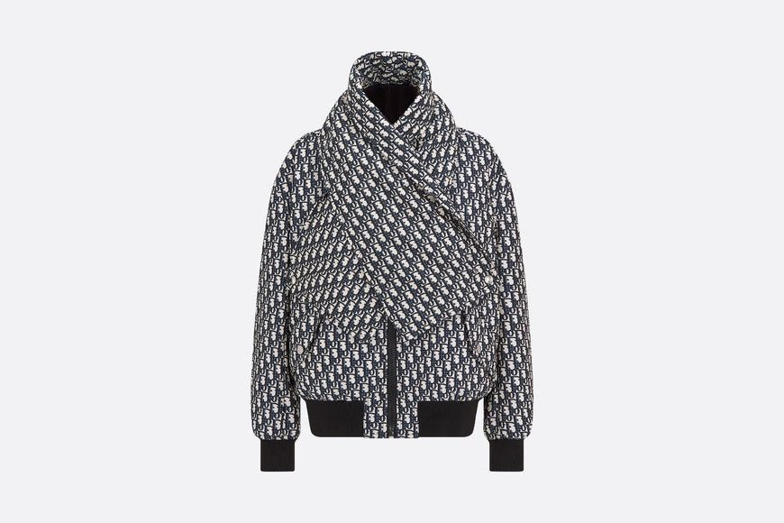 Bomber Jacket with Criss Cross Collar • Blue and Ecru Technical Taffeta Jacquard with Dior Oblique Motif