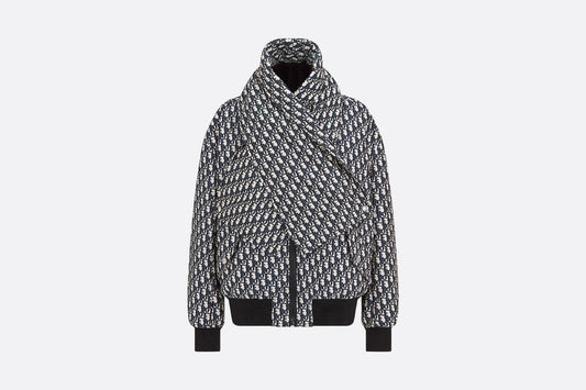 Bomber Jacket with Criss Cross Collar • Blue and Ecru Technical Taffeta Jacquard with Dior Oblique Motif