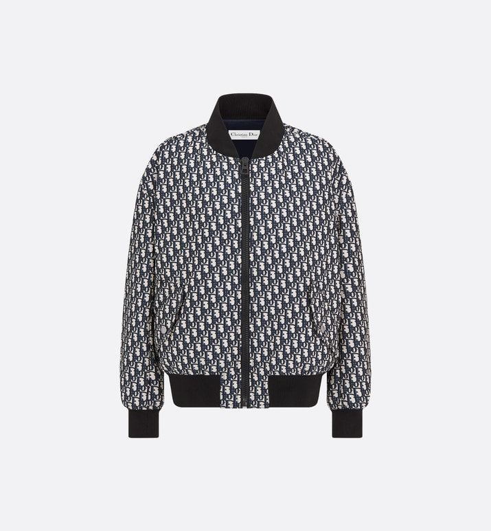 Bomber Jacket with Criss Cross Collar • Blue and Ecru Technical Taffeta Jacquard with Dior Oblique Motif