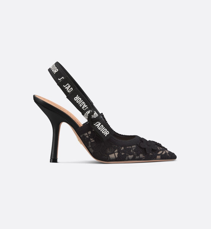 J'Adior Slingback Pump • Transparent Mesh Embroidered with Black 3D Macramé-Effect D-Lace Motif