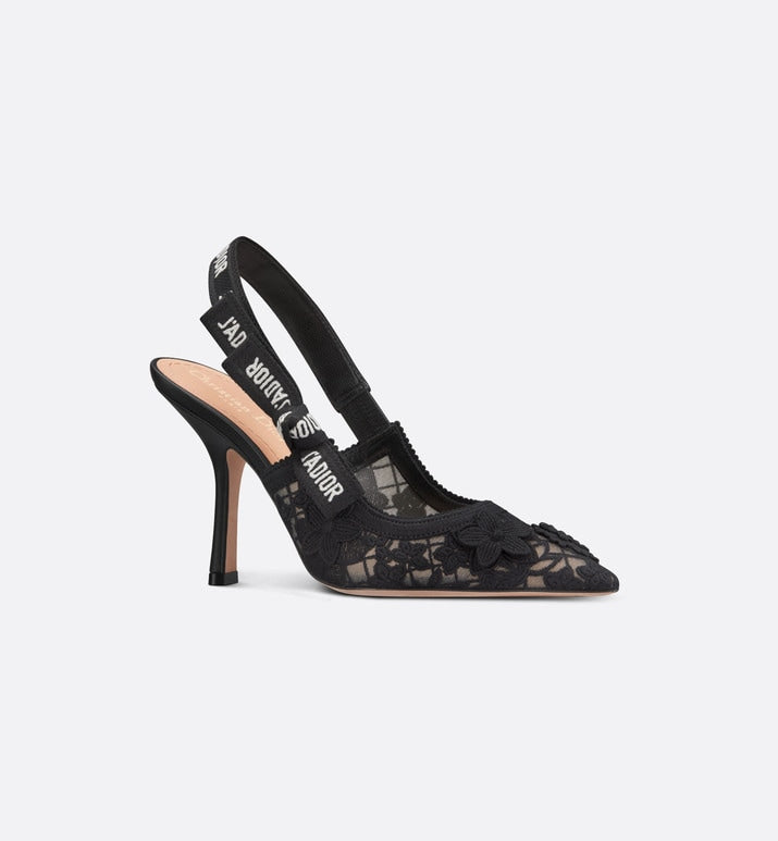 J'Adior Slingback Pump • Transparent Mesh Embroidered with Black 3D Macramé-Effect D-Lace Motif