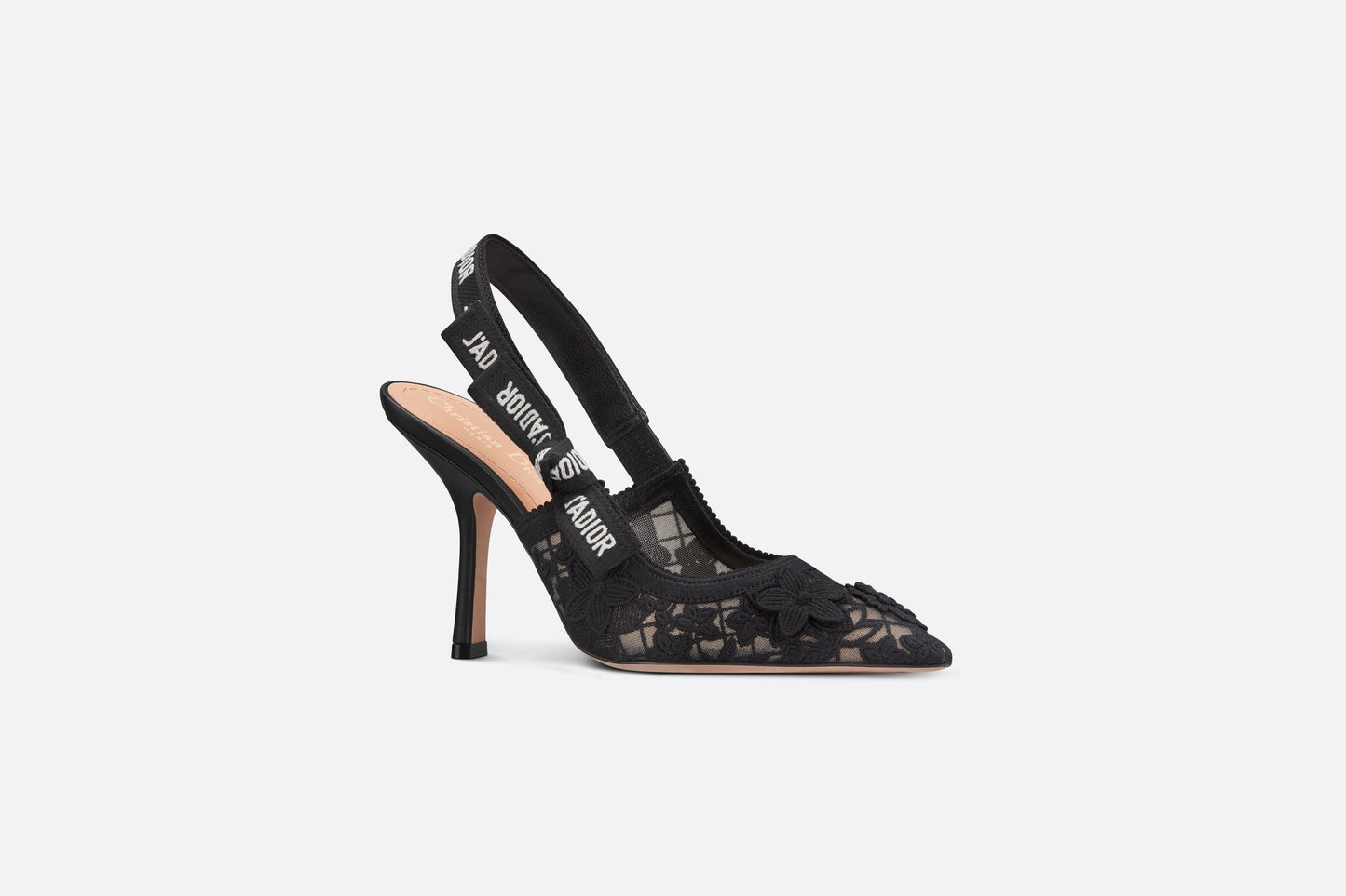 J'Adior Slingback Pump • Transparent Mesh Embroidered with Black 3D Macramé-Effect D-Lace Motif