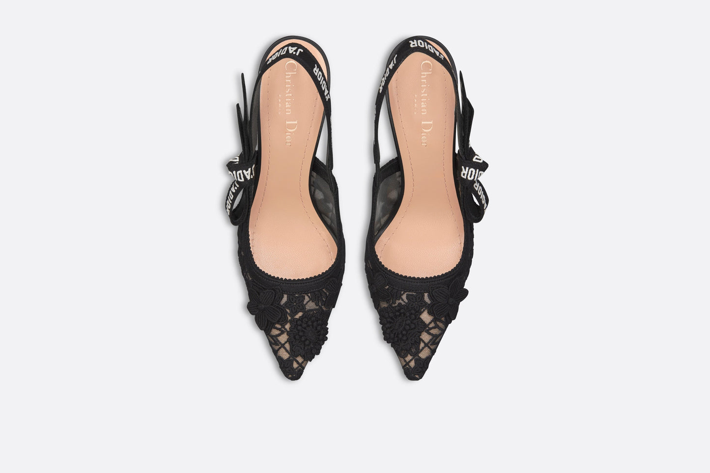 J'Adior Slingback Pump • Transparent Mesh Embroidered with Black 3D Macramé-Effect D-Lace Motif