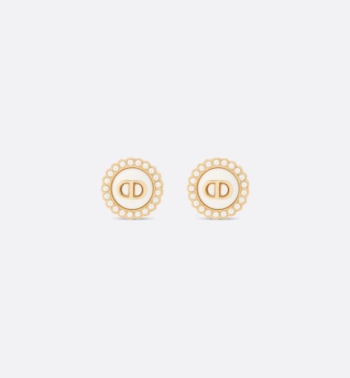 Petit CD Stud Earrings • Gold-Finish Metal with White Resin Pearls and Latte Glass