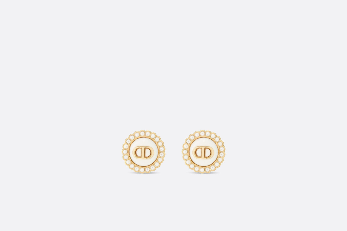 Petit CD Stud Earrings • Gold-Finish Metal with White Resin Pearls and Latte Glass