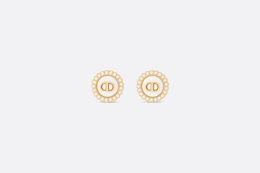 Petit CD Stud Earrings • Gold-Finish Metal with White Resin Pearls and Latte Glass