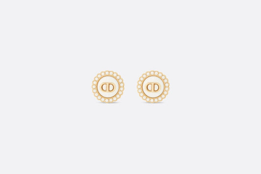 Petit CD Stud Earrings • Gold-Finish Metal with White Resin Pearls and Latte Glass