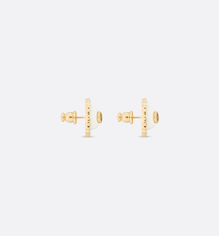 Petit CD Stud Earrings • Gold-Finish Metal with White Resin Pearls and Latte Glass